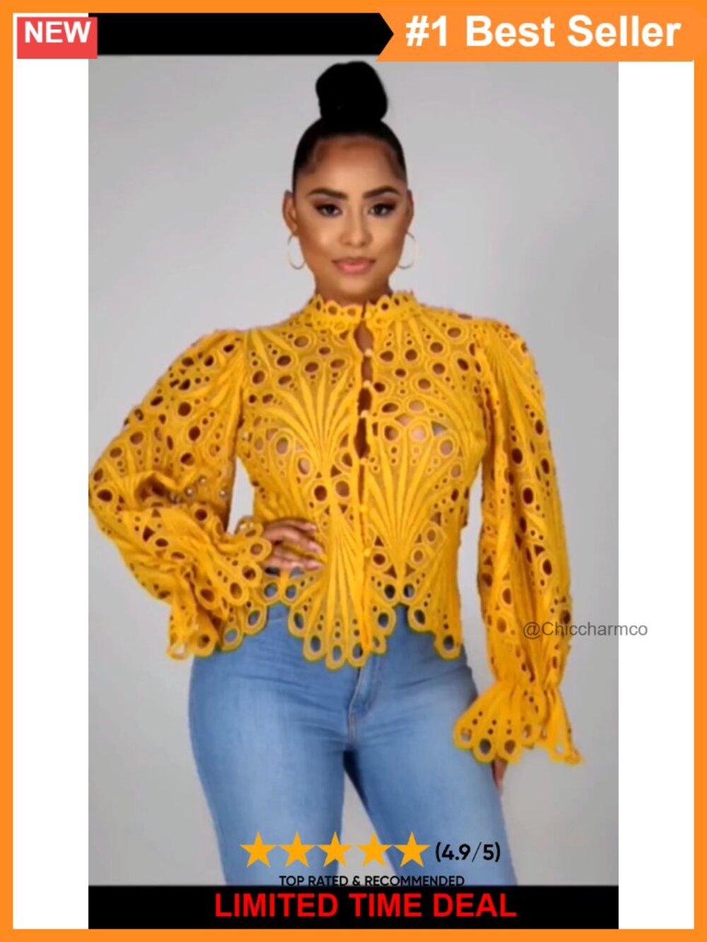 Lace Ruffle Puff Long Sleeve Button Down Top - Picture 5 of 5